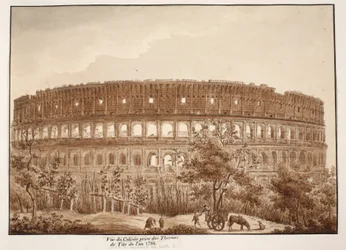 Widok Koloseum z Łazienek Tytusa, w latach 1788, 1833 (trawiarnia z brązową lawiną)